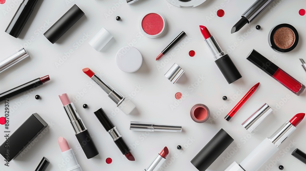 Cosmetics and lipstick arranged on a white table from top view Cosmetics and lipstick arranged on a white table from top view