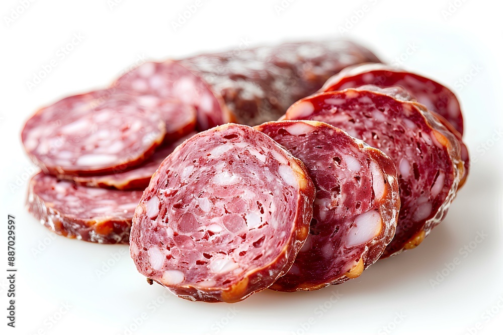 A pile of sliced sausage sitting on top of a white surface A pile of sliced sausage sitting on top of a white surface