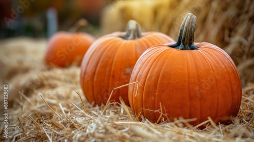 Freshly harvested pumpkins in straw bales with blurred background. Autumn pumpkins in a barn under soft sunlight.