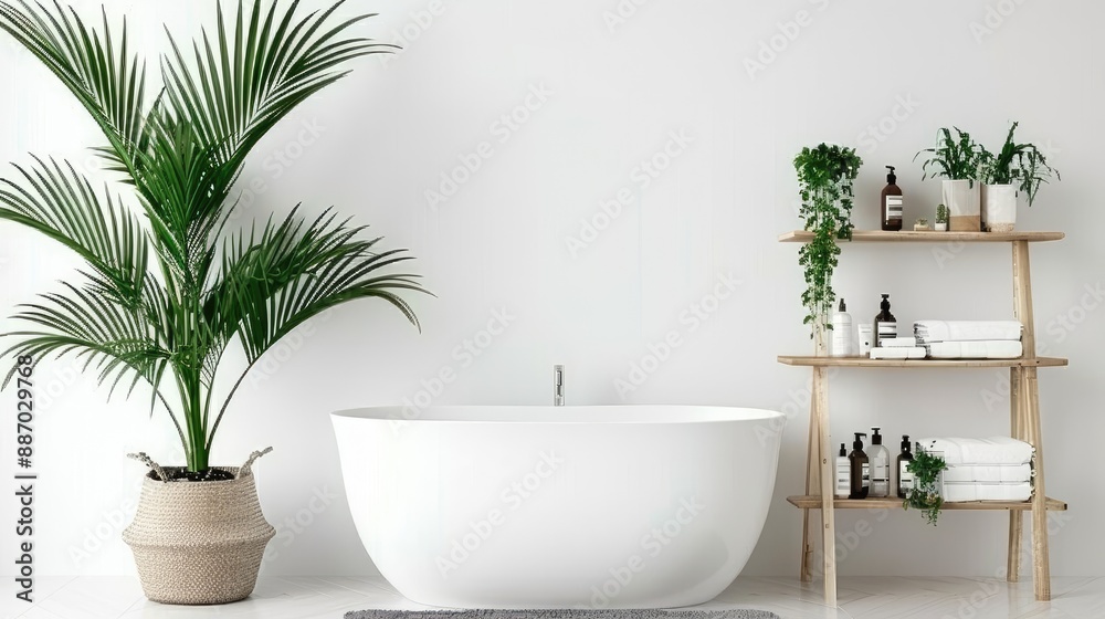 Fototapeta premium A modern bathroom with a white bathtub, a grey bath mat, a wooden stool, a plant, and white towels