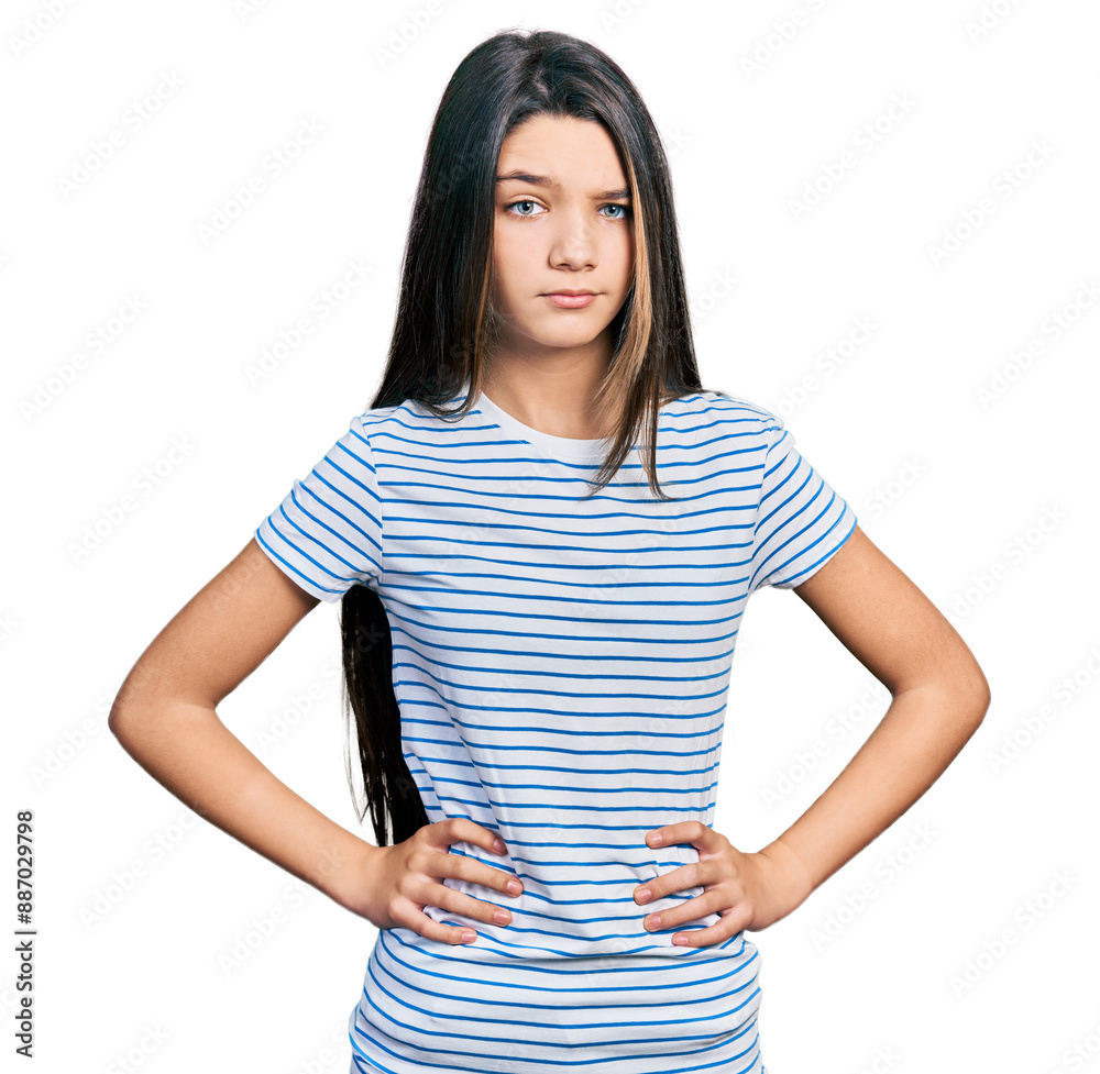 Young brunette girl with long hair with arms akimbo skeptic and nervous, frowning upset because of problem. negative person. Young brunette girl with long hair with arms akimbo skeptic and nervous, frowning upset because of problem. negative person.