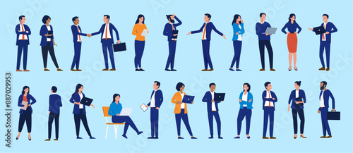 Businesspeople illustrations collection - Set of office working people using laptop computer and devices, standing, talking and working in various poses. Flat design side view vector characters