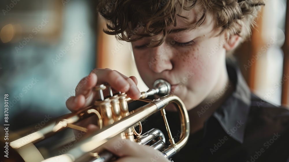 Obraz premium A young musician intensely playing the trumpet in an indoor setting, highlighting the dedication to his craft, with a focus on the brass instrument and detailed hand positioning.