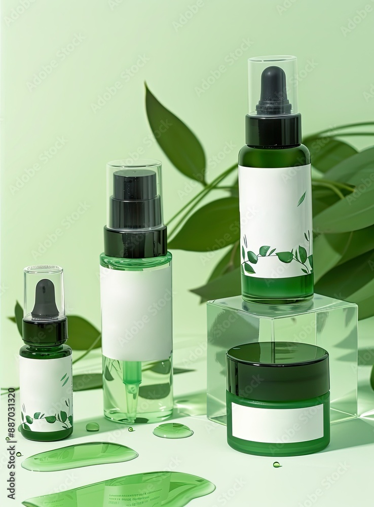Green Beauty Products on a Green Background. Green Beauty Products on a Green Background.
