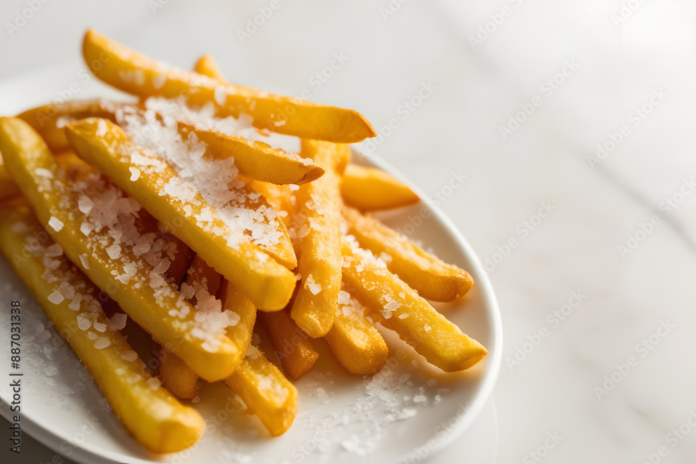 French fries or potato fries with salt taste isolated on background, fast food with high calories, popular appetizer or snack. French fries or potato fries with salt taste isolated on background, fast food with high calories, popular appetizer or snack.