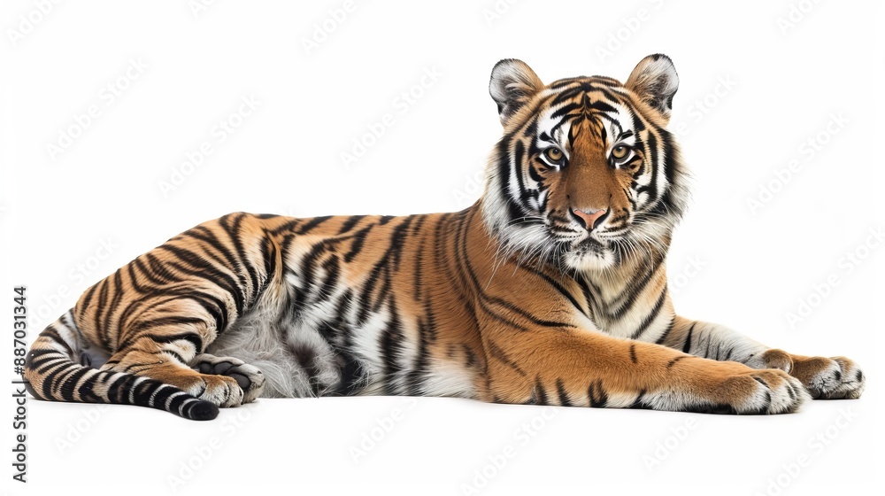 Obraz premium A tiger is resting gracefully on a white studio background, highlighting its striking features and serene demeanor, representing the perfect blend of power and calmness in wildlife.