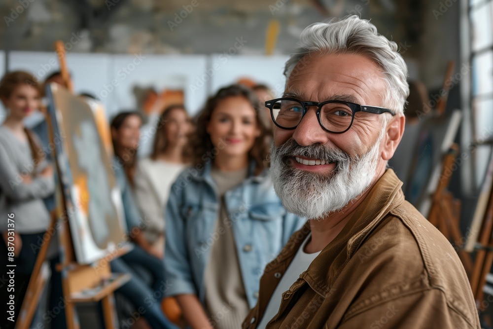 A senior male art instructor with glasses and a white beard leads a painting class. He stands in the foreground with a group of diverse students in the background, all engaged in their artwork. A senior male art instructor with glasses and a white beard leads a painting class. He stands in the foreground with a group of diverse students in the background, all engaged in their artwork.