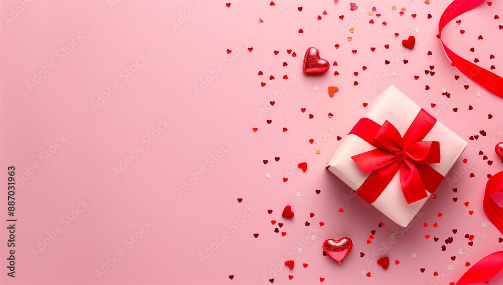 Romantic Gift Box with Red Ribbon on a Pink Heart Confetti Background Romantic Gift Box with Red Ribbon on a Pink Heart Confetti Background