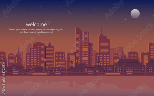 scenic view of metropolitan city illustration flat. wallpaper night view of urban city