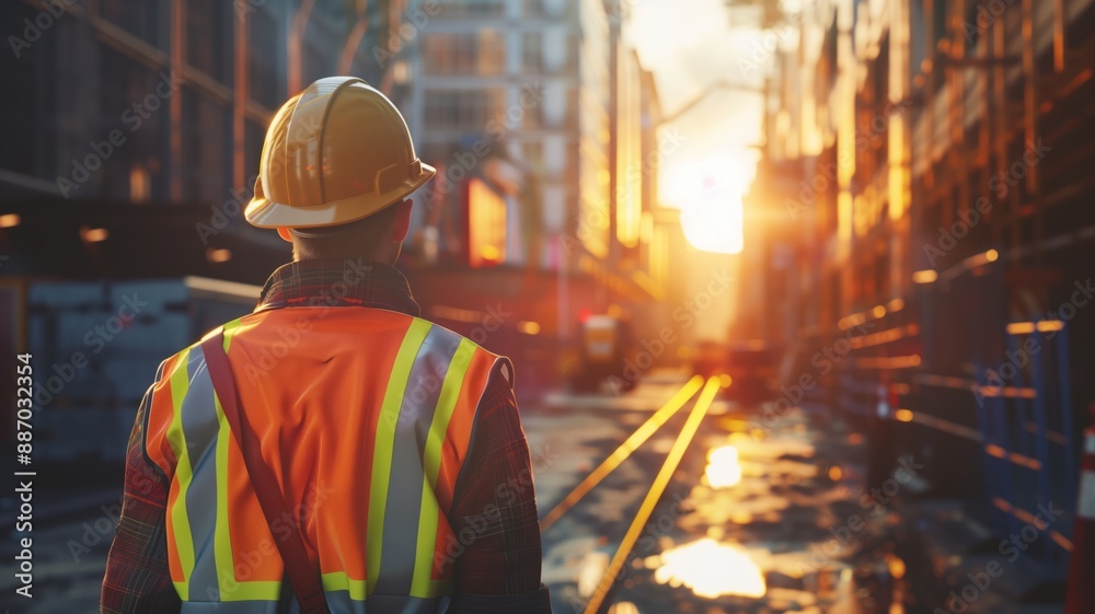 Obraz premium An engineer wearing a safety helmet and reflective vest surveys a bustling construction site