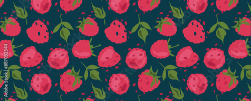 Abstract raspberry pattern in flat style. Fresh, delicious berry seamless pattern. Vector background. Summer freshness for health. For background, juice, ice cream or fabric.
