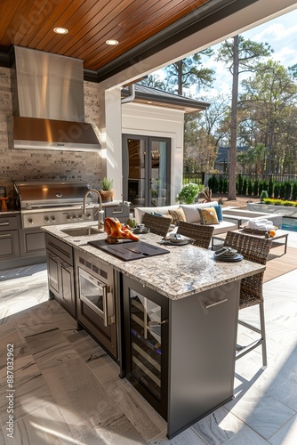 Modern Outdoor Kitchen With Granite Countertop and Stainless Steel Appliances