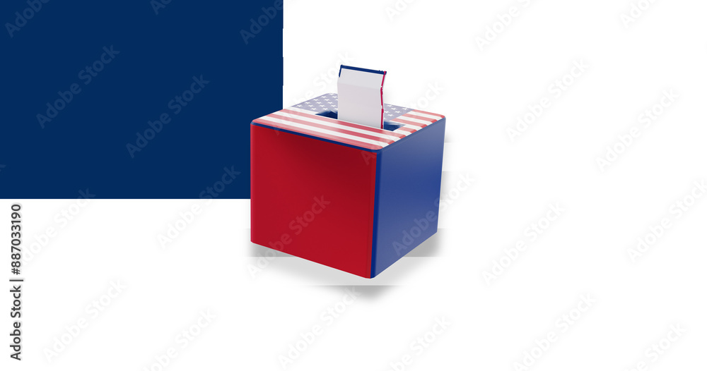 template of the flag of the United States of America, USA, white stripes and blue rectangle,  with a ballot box in the colors of the flag of the United States of America, ballot with shadow