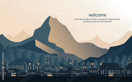 Mountain Town Landscape Background in Village with Vehicle Traffic and Shooting Stars on Sunset