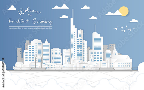 Urban city in papercut style illustration of Skyline Frankfurt city. Cityscape background with views of skyscrapers and landmark Frankfurt, Germany. Business Travel and Tourism Concept