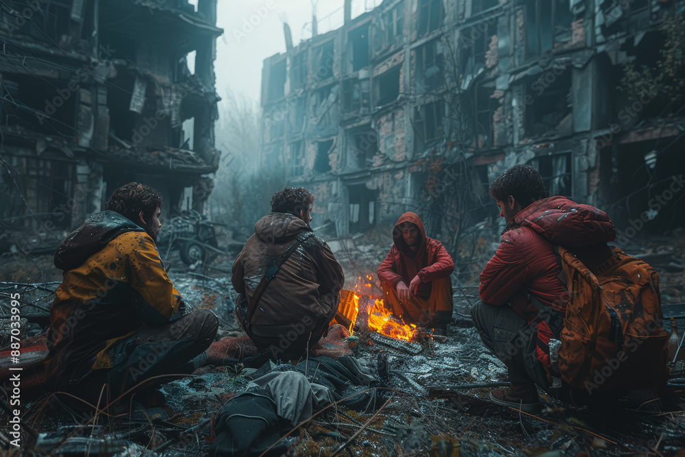 A group of people huddled around a fire in a ruined building, showcasing community in crisis. Concept of unity and survival. Generative Ai. A group of people huddled around a fire in a ruined building, showcasing community in crisis. Concept of unity and survival. Generative Ai.