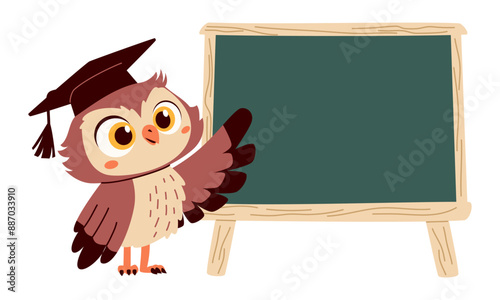 Flat vector illustration in children's style. Cute owl with glasses is pointing at a school blackboard. Place for your text . Vector illustration