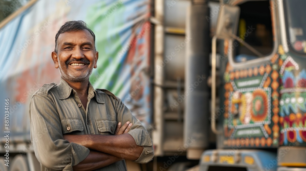 Proud MiddleAged Bangladeshi Truck Driver Smiling, Celebrating Diversity Ideal for Cultural Awareness, Transportation, and Workforce Campaigns Proud MiddleAged Bangladeshi Truck Driver Smiling, Celebrating Diversity Ideal for Cultural Awareness, Transportation, and Workforce Campaigns