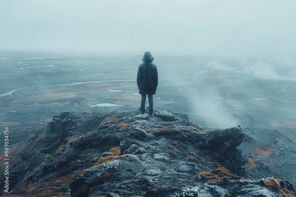 A lone figure standing on a hill overlooking a barren wasteland, signifying isolation. Concept of loneliness and desolation. Generative Ai.