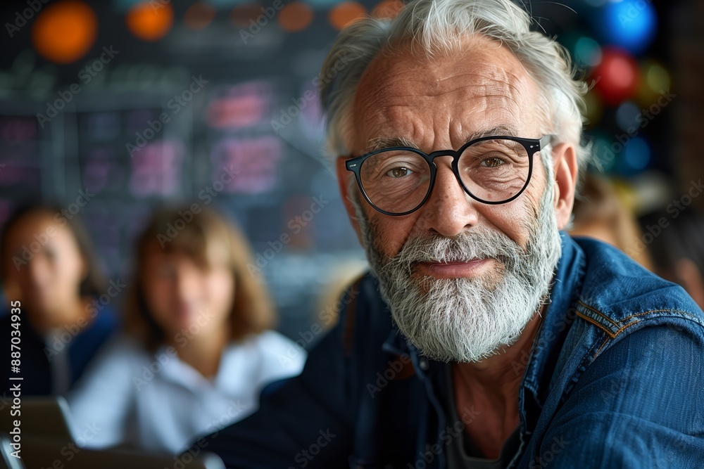 A close-up portrait of a smiling elderly man with white hair, a full beard, and round glasses. He is wearing a denim shirt and sitting in a classroom setting, with blurred students in the background. A close-up portrait of a smiling elderly man with white hair, a full beard, and round glasses. He is wearing a denim shirt and sitting in a classroom setting, with blurred students in the background.