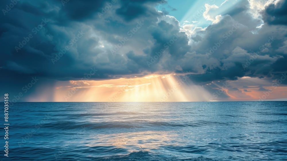 calm ocean under a clear blue sky, with large, puffy white clouds creating a peaceful and serene atmosphere. calm ocean under a clear blue sky, with large, puffy white clouds creating a peaceful and serene atmosphere.