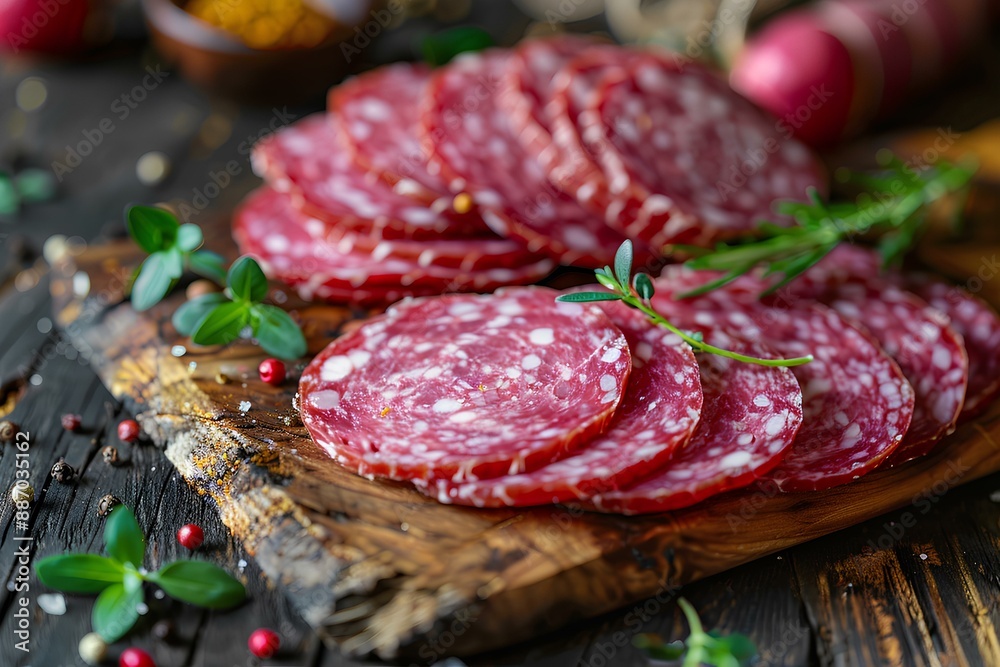 Sliced salami sitting on top of a wooden cutting board Sliced salami sitting on top of a wooden cutting board