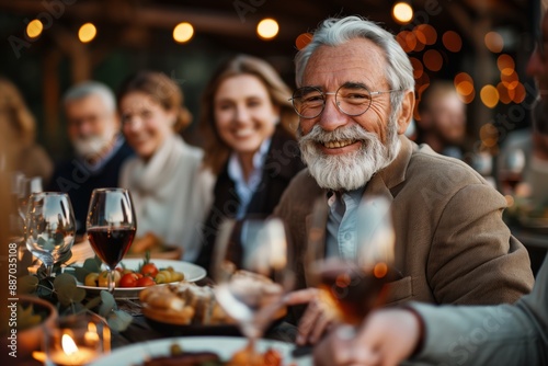 A joyful senior man with a gray beard and glasses smiling warmly at an outdoor dinner gathering. He is surrounded by family members, creating a cozy and festive atmosphere. © Peeradontax