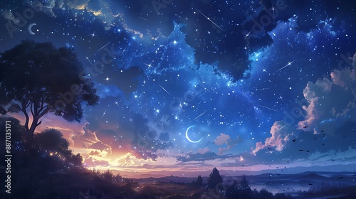 Celestial scene with constellations forming shapes of hearts shooting stars streaking across the sky and a crescent moon casting a soft glow over the landscape