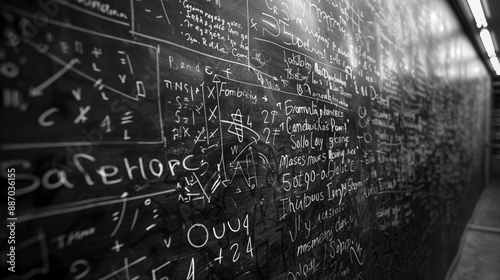 A detailed chalkboard filled with complex mathematical equations and symbols, representing intense academic study and intellectual pursuit in a university setting.