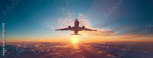 Commercial airplane flying above dramatic clouds during sunset.