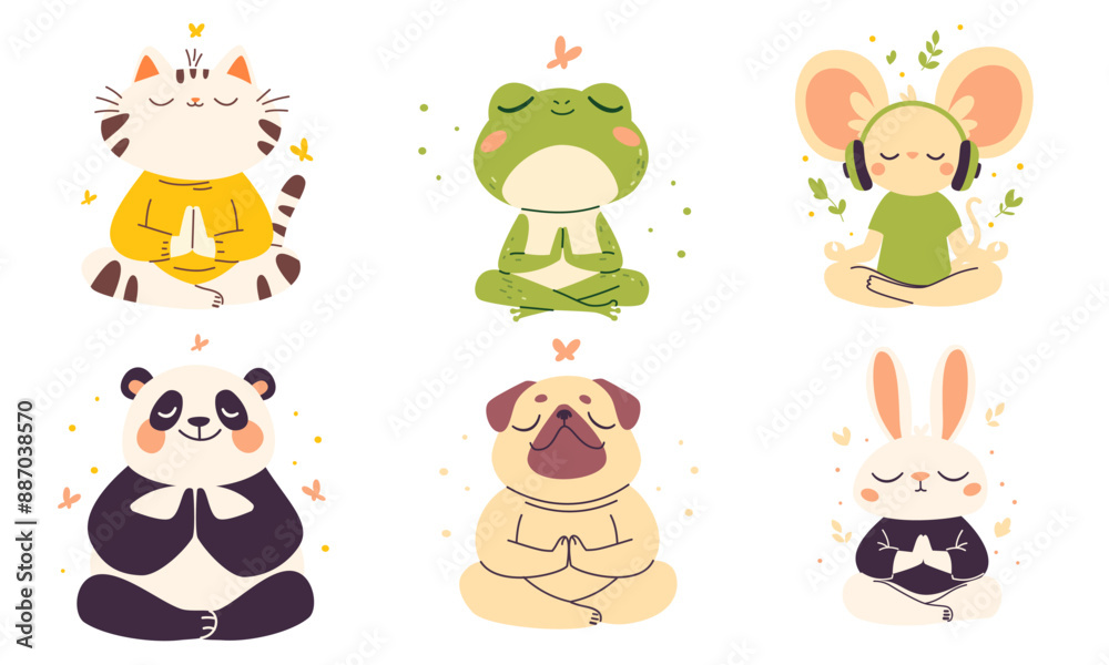 Naklejka premium Vector collection of animals in lotus pose. Pug, panda, rabbit, mouse, cat and frog in lotus pose meditating . Vector illustration