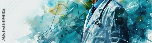 An abstract portrait of a doctor in a lab coat set against a vibrant, colorful background. This artistic depiction blends medical professionalism with dynamic visual elements.