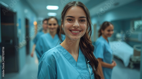 medical team of a hospital walking happy in the corridors