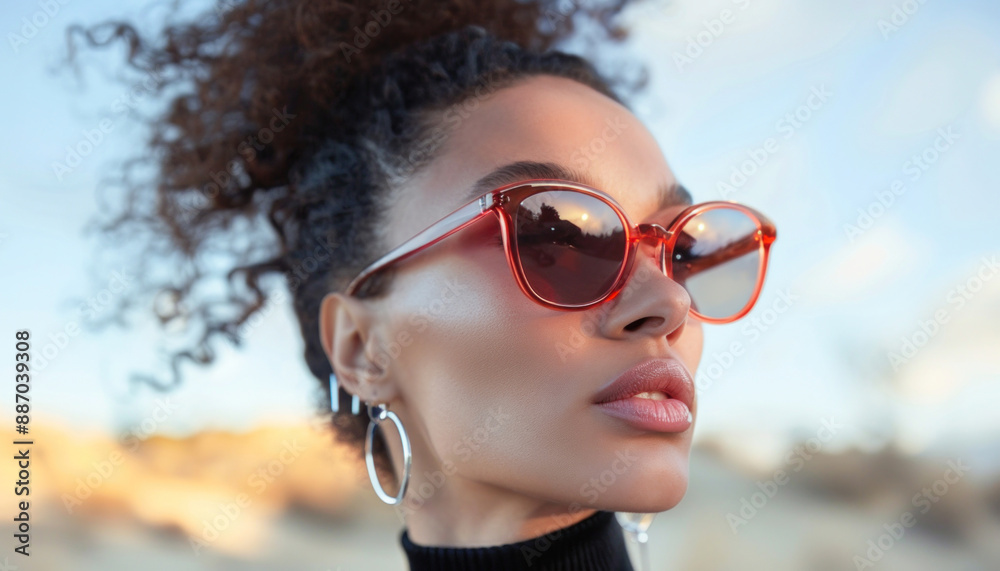 A closeup depiction of a woman donning sunglasses and hoop earrings, focusing on details A closeup depiction of a woman donning sunglasses and hoop earrings, focusing on details