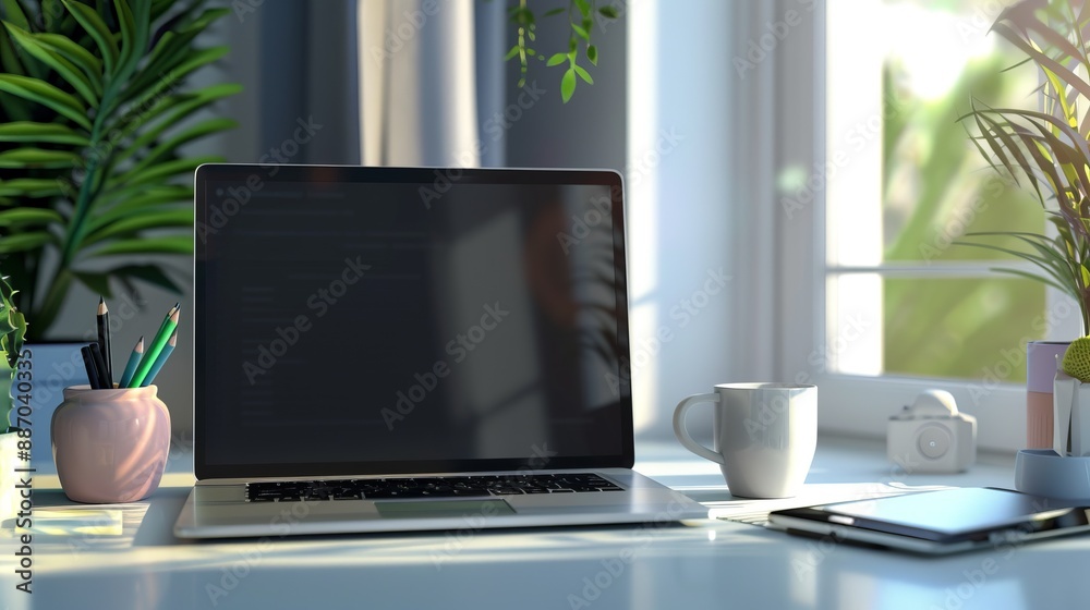 A cozy desk setup bathed in sunlight, featuring a laptop, plants, a cup of coffee, and office supplies, offering an ideal spot for work-from-home productivity and comfort. A cozy desk setup bathed in sunlight, featuring a laptop, plants, a cup of coffee, and office supplies, offering an ideal spot for work-from-home productivity and comfort.