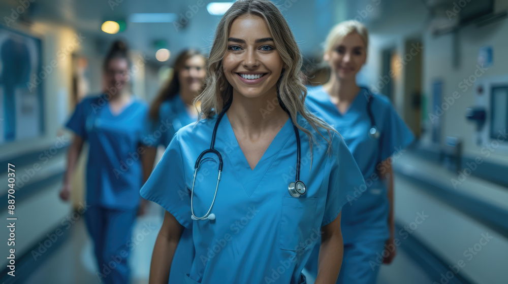 medical team of a hospital walking happy in the corridors medical team of a hospital walking happy in the corridors
