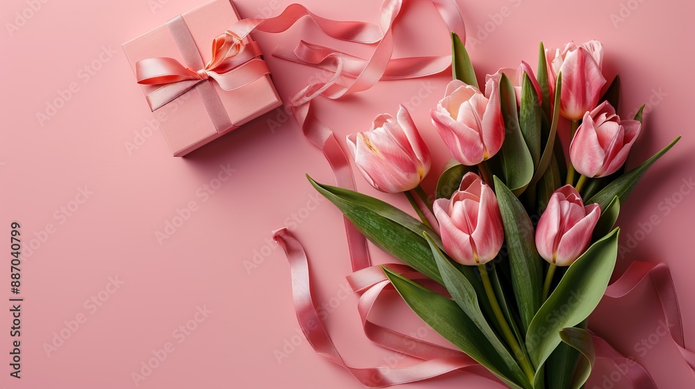 Obraz premium A simple yet elegant image of a pink gift box and a bundle of tulips with ribbons, showcasing a delicate and sophisticated setup against a soft pink backdrop.