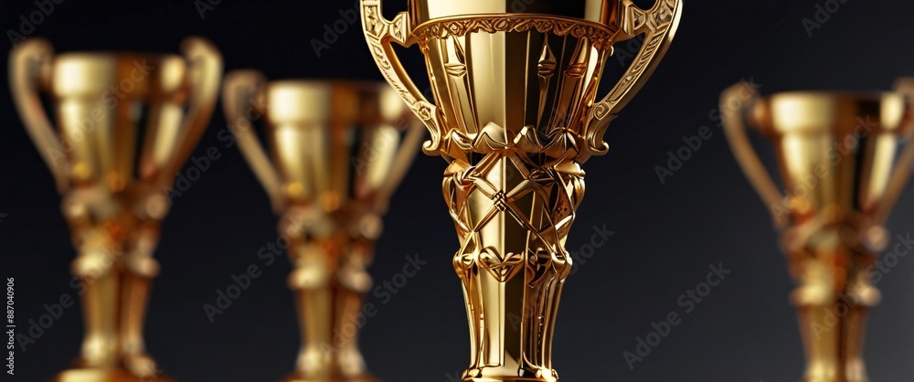 A majestic golden trophy, adorned with intricate engravings and sparkling gems, stands tall against a backdrop of triumphant champions. The embodiment of success and achievement A majestic golden trophy, adorned with intricate engravings and sparkling gems, stands tall against a backdrop of triumphant champions. The embodiment of success and achievement