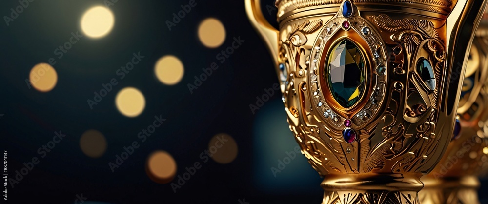 Obraz premium A majestic golden trophy, adorned with intricate engravings and sparkling gems, stands tall against a backdrop of triumphant champions. The embodiment of success and achievement