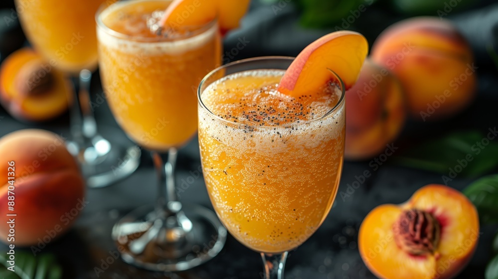 Peach Bellini cocktails garnished with fresh peach slices. Peach Bellini cocktails garnished with fresh peach slices.