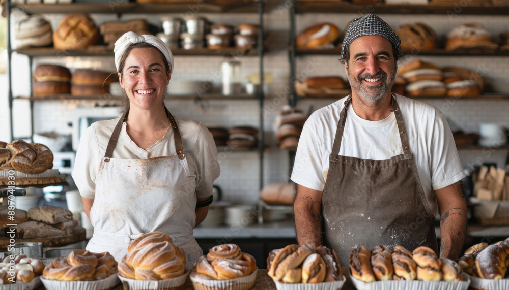 In a bakery, a man and a woman stand together side by side, smiling as they work In a bakery, a man and a woman stand together side by side, smiling as they work