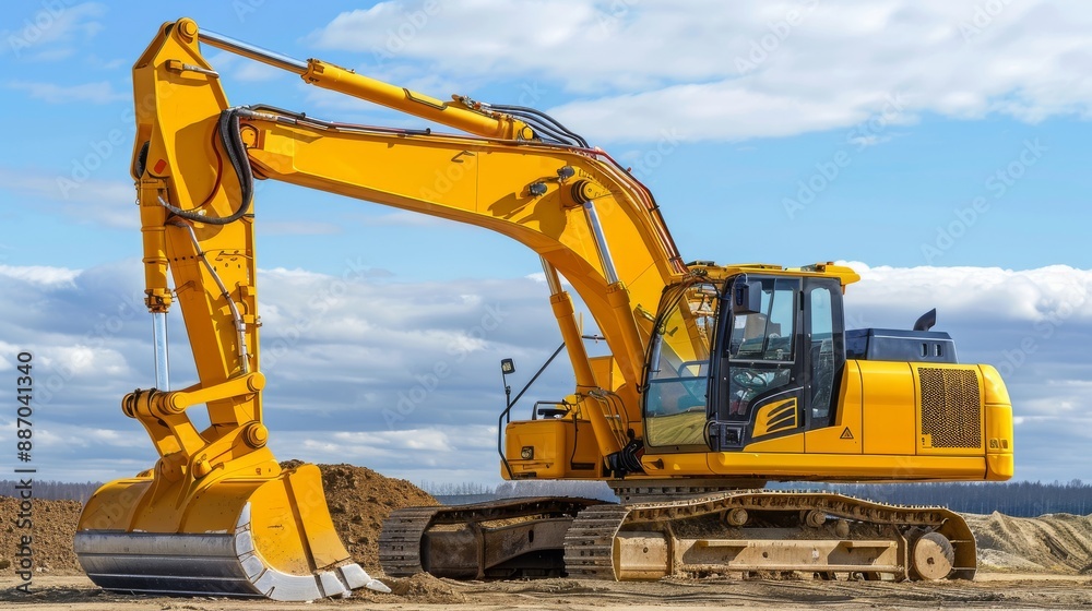 Massive digger working at a construction site on a bright day with clear sky and soft white clouds. It looks sleek and modern. Massive digger working at a construction site on a bright day with clear sky and soft white clouds. It looks sleek and modern.