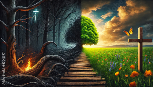 Dramatic Contrast Between Life and Death in Vibrant and Dark Landscapes