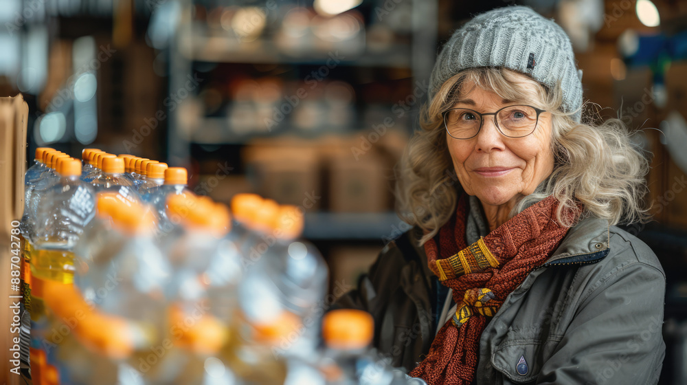 Mature woman working as volunteer at community center and arranging donated food and water in boxes Mature woman working as volunteer at community center and arranging donated food and water in boxes