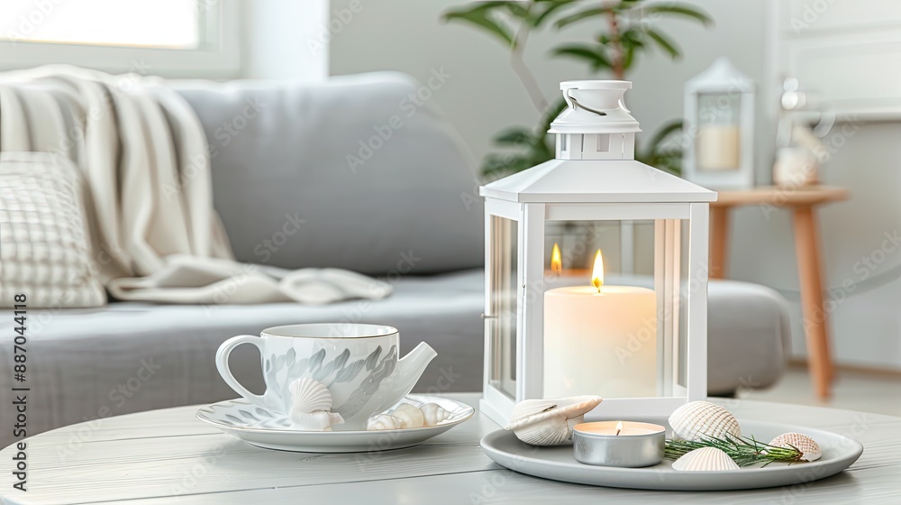 A white ceramic teapot sits on a white saucer next to a tray with a white lantern holding two candles and seashells. The tray is on a white surface A white ceramic teapot sits on a white saucer next to a tray with a white lantern holding two candles and seashells. The tray is on a white surface