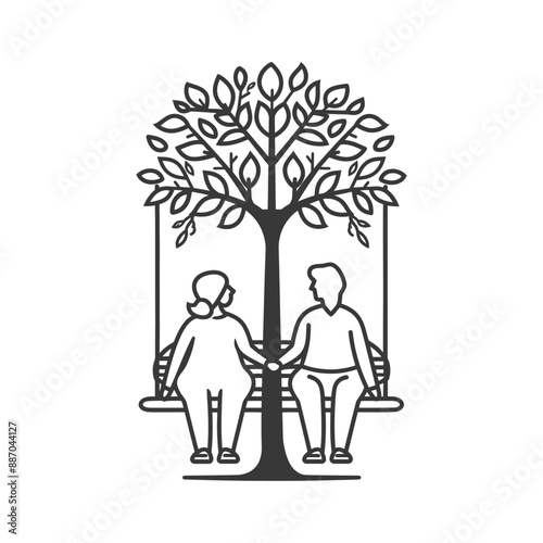 elderly couple sitting on a swing minimalist line art icon logo symbol