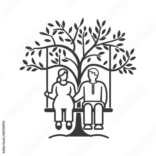 elderly couple sitting on a swing minimalist line art icon logo symbol