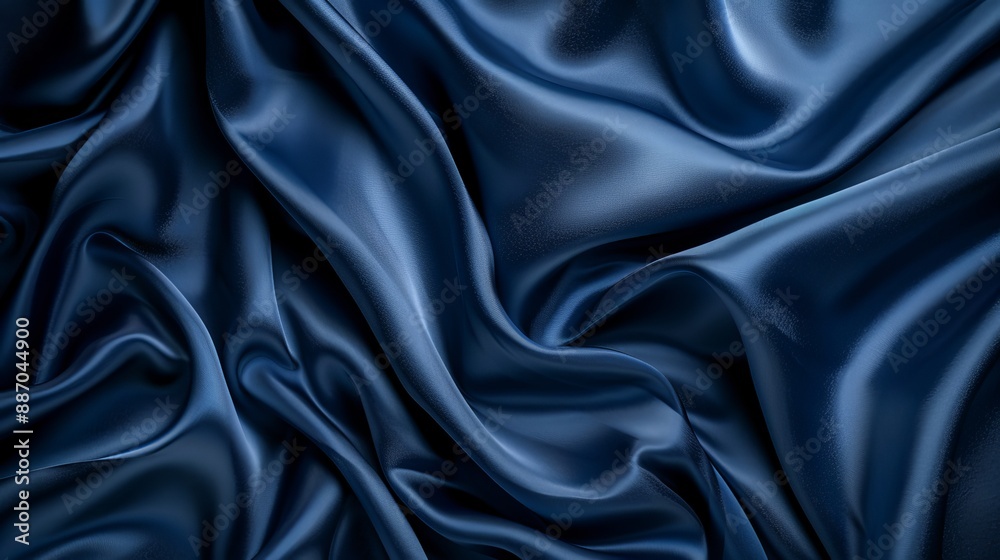 Fototapeta premium Dark blue silk satin background with soft folds on shiny fabric Luxury background with space for text or design Web banner format