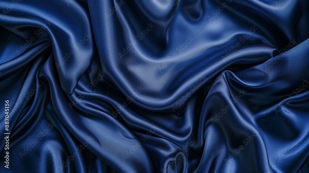 Obraz premium Dark blue silk satin background with soft folds on shiny fabric Luxury background with space for text or design Web banner format