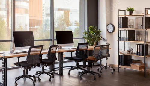 Office coworking interior with armchairs and pc on desks, panoramic window